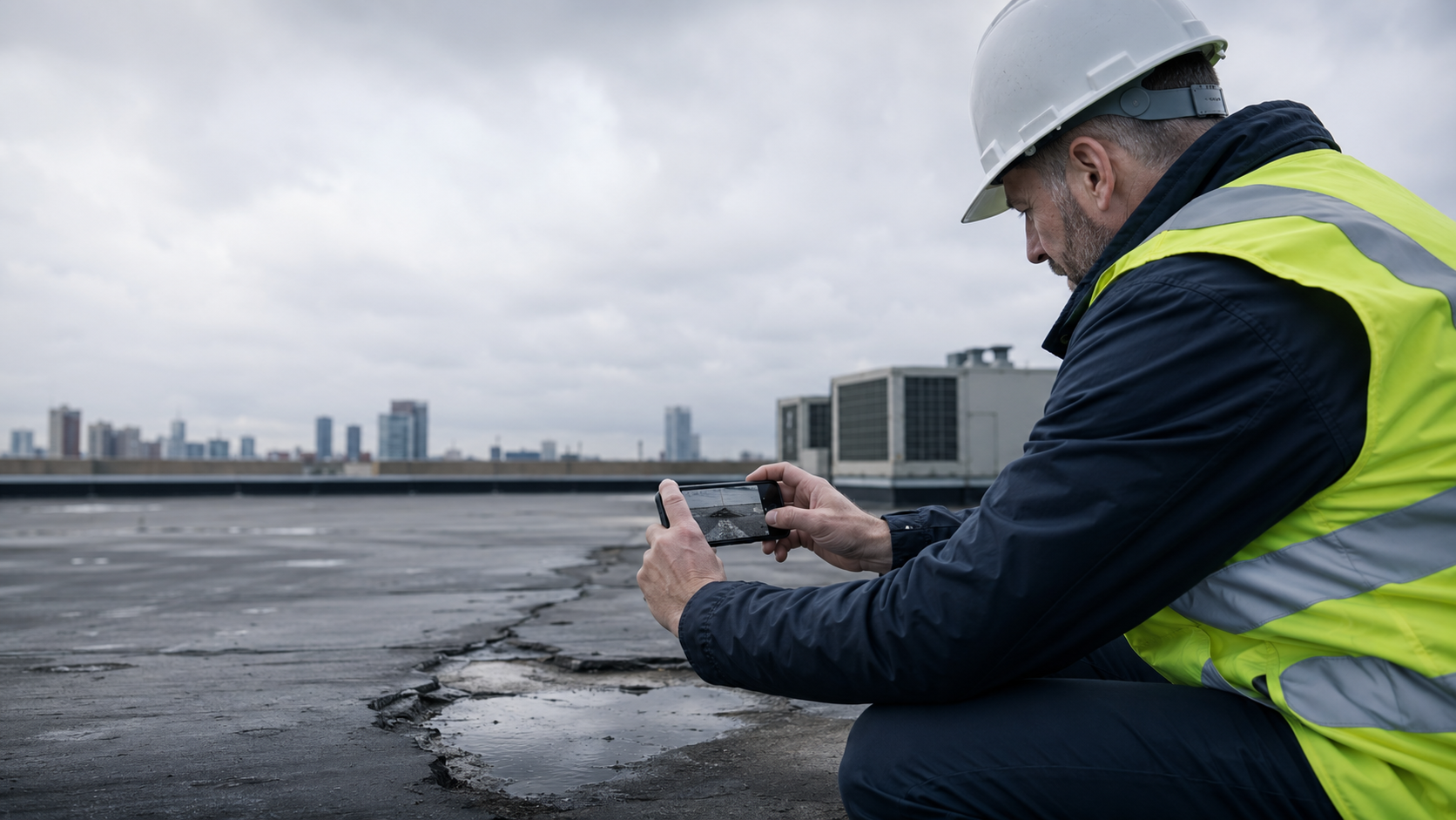 Inspector documenting roof conditions with a phone